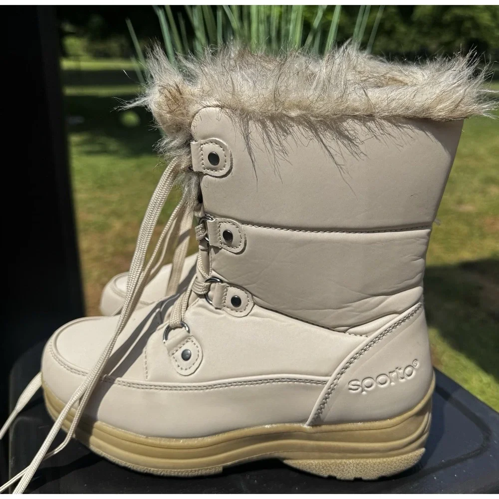 Sporto Kids Size 9 Winter Snow Boots Beige Faux Fur Lace Up Side Zip